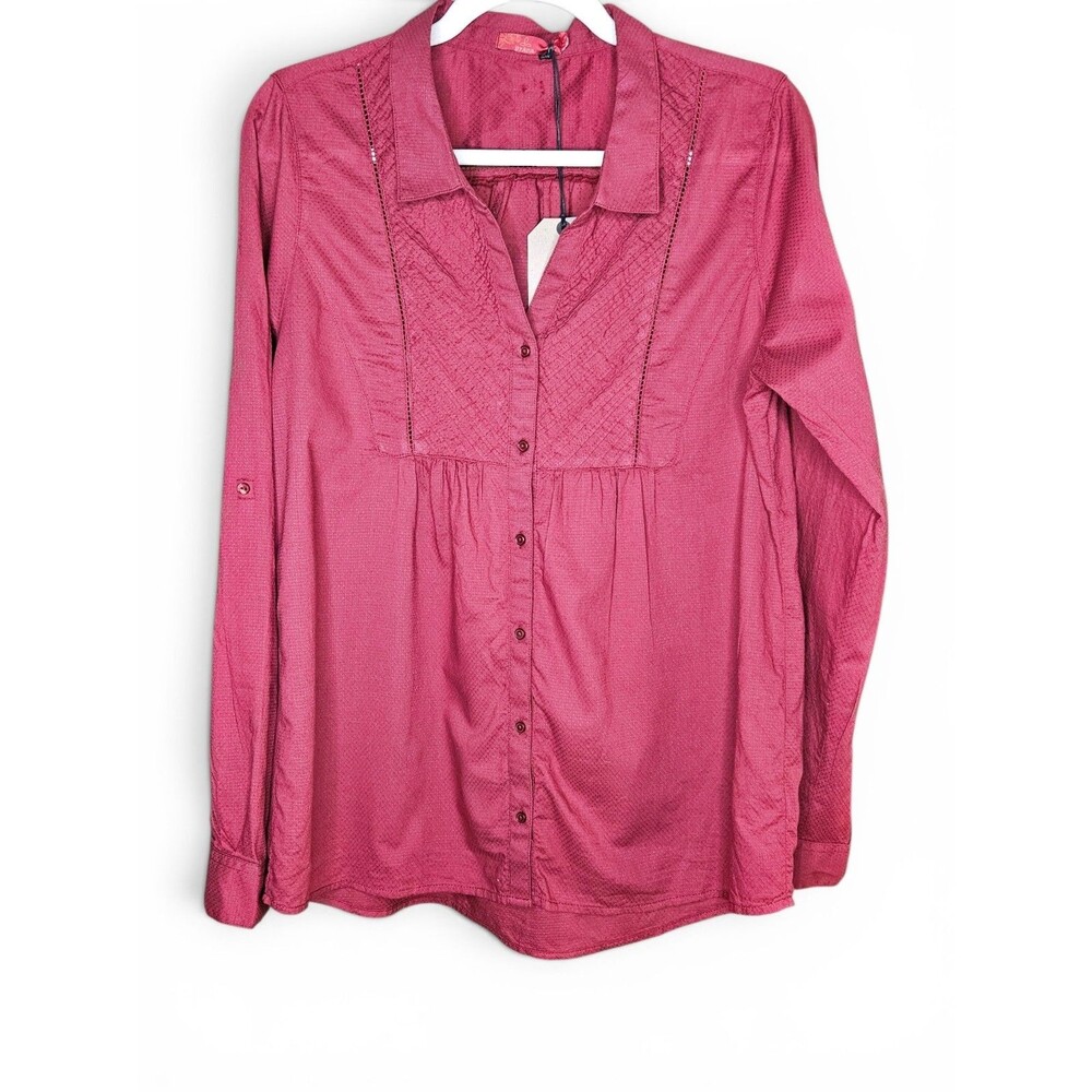 prAna Katya Blouse Womens Large Red Long Sleeve Tunic Roll Tab Organic Cotton